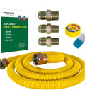 Five Eighth Inch Flexible Gas Connector Kit Seventy Two Inch Long Stainless Steel SafeGuard Yellow Weatherproof Coating Includes Brass Fittings For Stoves Ranges And Furnaces No Fuss Universal Fit. Image shows coiled gas connector, brass fittings, tape, and leak detector.