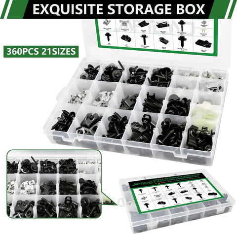 Built Tough 360 Piece Auto Body Bolt And UNut Clip Kit set stored in a clear compartment box, showing assorted black fasteners.