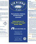 Product label for Leak Sealer For Pools Spas And Hot Tubs, 32 Oz White, instructions in Spanish, featuring Fix A Leak brand logo.
