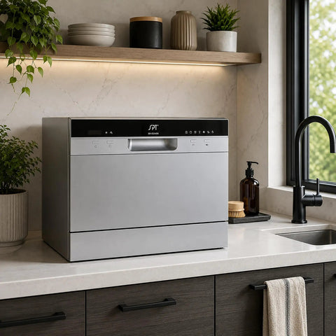 Sleek Compact Countertop Dishwasher With Delay Start And Seven Wash Cycles Portable Kitchen Essential Featuring Stainless Steel Interior Six Place Setting Capacity No Sweat Hookup And Led Digital Display Silver in modern kitchen setting.