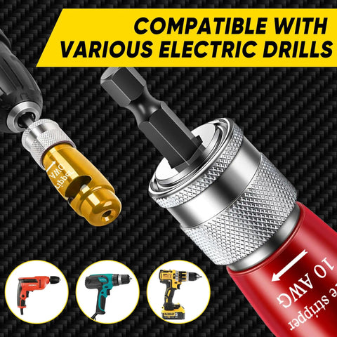 Close-up of 8 In 1 Wire Stripper And Wire Twister Kit for drill compatibility with various electric drills in background.