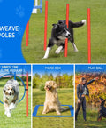 Dog weaving through All In One Backyard Dog Agility Course For Active Pups With Adjustable High Jump Weave Poles Tunnel Jumping Ring Pause Box Balls Whistle And Carrying Bag Durable ABS Build