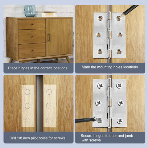 Installation steps for Heavy Duty Stainless Steel Butt Hinges For Interior And Exterior Doors Polished Silver on furniture.