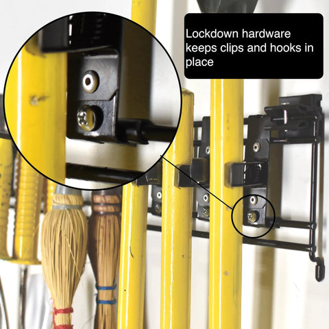 Detailed view of lockdown hardware on Heavy Duty Garage Wall Organizer Rack With 48 Inch Steel Beam And Rock Solid 280 Lb Load Capacity.