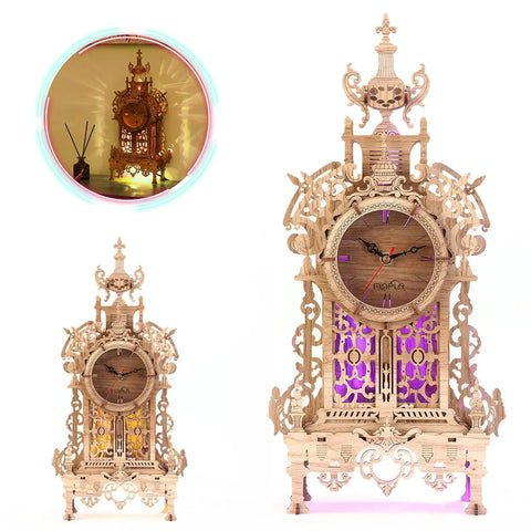 DIY 3D Wood Puzzle LED Tower Clock Kit For Desktop Building Blocks Steampunk Style Architectural Clock Model With 58 Pre Cut Pieces