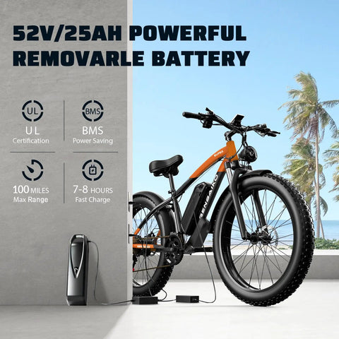 Electric Fat Tire Ebike For Adults With 45 MPH Peak Speed 52V 25Ah 2500W Peak Power, removable battery charging outdoors