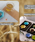 Flower Ceramic Tea Spoon Holder and Coffee Spoon Rest for Coffee Bar Station, aqua and yellow ceramic tea bag and sauce holders