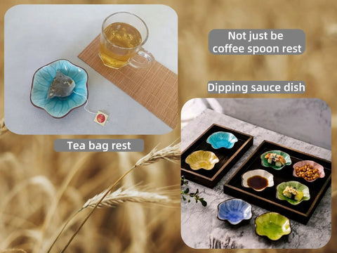 Flower Ceramic Tea Spoon Holder and Coffee Spoon Rest for Coffee Bar Station, aqua and yellow ceramic tea bag and sauce holders