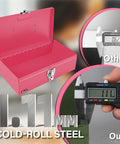 Pink 11 Inch Portable Steel Tool Box With Metal Latch, showing open box with measurement comparisons and steel thickness