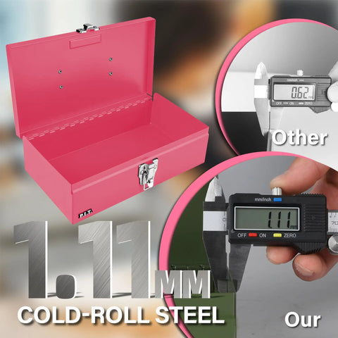 Pink 11 Inch Portable Steel Tool Box With Metal Latch, showing open box with measurement comparisons and steel thickness