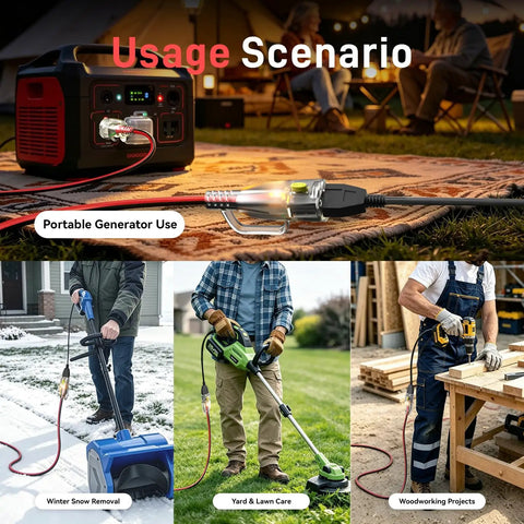 Dang Tough 25 Foot Extension Cord With Secure Locking Plug And Bright Led Light in use with a portable generator outdoors.