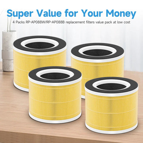 4 Pack Replacement Filters For RP-AP088 Air Purifier In Medium Room, 360 Degree Filtration With Nylon Pre Filter, Absorb Layer And Premium Filter, Compatible With RP-AP088B RP-AP088W displayed on wooden surface
