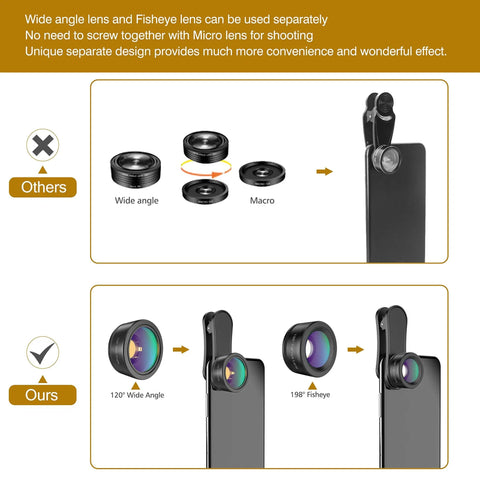 3 In 1 Phone Lens Kit For Android With 198 Degree Fisheye, 120 Degree Wide And Macro shown with clip-on lenses on phone