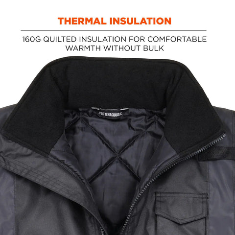 Close-up of black Enhanced Visibility Winter Jacket's collar and 160g quilted insulation for thermal comfort in cold weather.