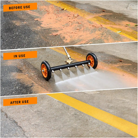 Undercarriage Pressure Washer Attachment With 16 Inch Dual Function Water Broom in use on pavement, showing cleaning effect.