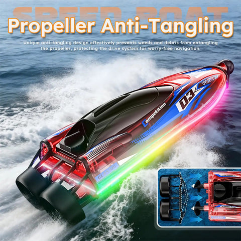Brushless Remote Control RC Boat With LED Lights For Kids And Grownups 25 KMH 2 4GHz Racing Speed Boat Includes Two Batteries Capsize Recovery 180 Degree Stability For Pool And Lake Play Red shown sailing with anti-tangling propeller design