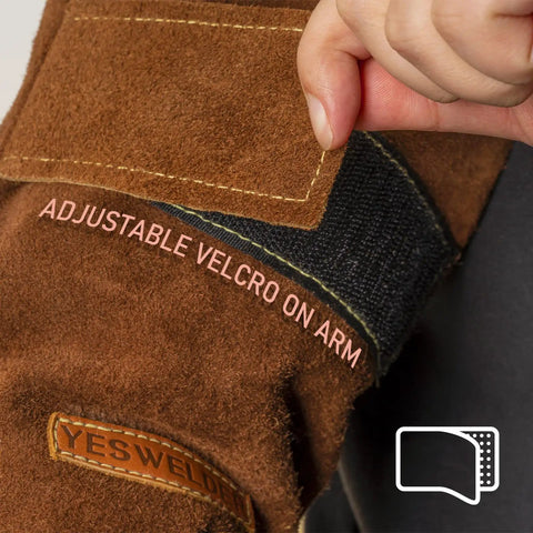 Close-up of adjustable Velcro on double layer leather welding sleeves with heat and flame resistance for men and women.