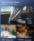 Blue 3-in-1 therapy device packaging; shows back pain relief image, hospital bed scene, and neck/shoulder massage.