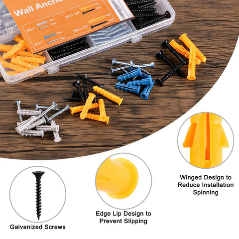 Knockout Drywall Anchors And Screws Assortment Kit showing assorted plugs and galvanized screws for secure mounting.