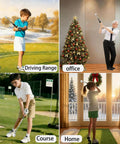 People using Retractable Golf Swing Trainer with Arm Band in various settings: driving range, office, course, and home.