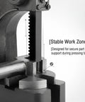 Close-up of Heavy Duty Cast Iron Arbor Press With Steel Anvil For Center Punch And Ring Making, showing secure part support design.