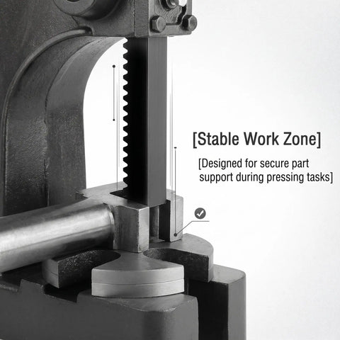 Close-up of Heavy Duty Cast Iron Arbor Press With Steel Anvil For Center Punch And Ring Making, showing secure part support design.