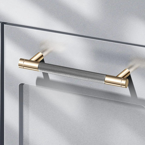 50 Pack Knurled Cabinet Handles Set 5 Inch Center To Center Aluminum Drawer Pulls In Gold And Grey Oxidation Finish With Diamond Pattern Six Inch Length Commercial Grade Solid Aluminum Alloy Durable And Built To Last mounted on a cabinet door.