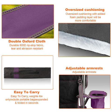 Close-up of fabric, padding, and features of Oversized Padded Camping Chairs 2 Pack For Adults, Heavy Duty Support Up To 400 Lbs.