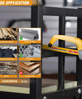 KATA mini hacksaw with 10in aluminum frame and two bi-metal blades for metal/wood cutting, yellow handle.