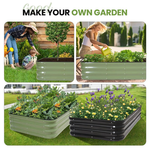4-In-1 Adjustable Raised Garden Bed Kit with galvanized planter boxes for vegetables and flowers, 12-inch outdoor metal bed.