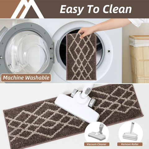 Non Slip Stair Treads Carpet Mats For Wooden Steps 10pcs Indoor Stair Runners With Polyester Fabric And TPE Backing Black Rhombus Design For Kids And Pets being machine washed and vacuumed.