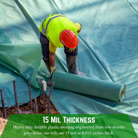Worker installing Heavy Duty 15 Mil Concrete Vapor Barrier Plastic Sheeting, 7 Ft By 70 Ft Roll, Blue Polyolefin Tarp at site