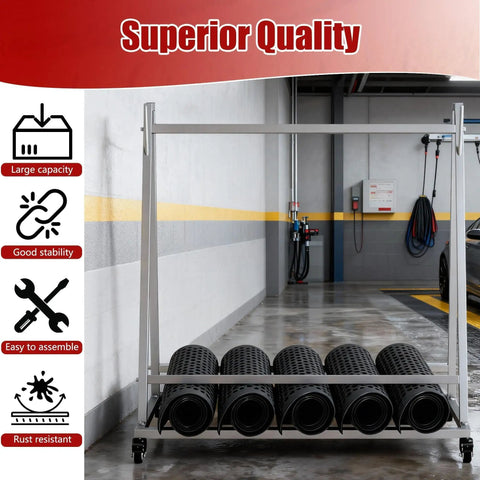 Open Style Mobile Floor Mat Transporter Cart With Wheels, Heavy Duty Galvanized Steel Rack For Industrial And Commercial Mats, 40 By 28 By 42 Inches, Supports Up To 300 Lbs, Lockable Swivel Casters, Durable Rust Resistant Design.