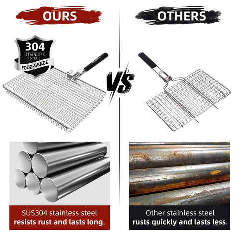 Comparison of Extra Large Stainless Steel Grill Basket For Camping And BBQ Grillin Portable Folding Rack highlighting SUS304 durability
