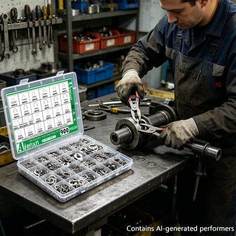 Worker using Pro-Grade 304 Stainless Steel Snap Ring Kit With E Clips And C Clips, 26 Sizes External Retaining Rings in workshop