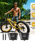2 Pack 26 x 4.0 Fat Tire Inner Tube With 32mm Schrader Valve Puncture Resistant Butyl Rubber Tubes For Fat Bike Mountain Bike And EBike Easy Install With Included Tire Levers displayed with fat bike and beach background.