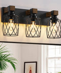 Farmhouse Vanity Light Three Light Wood Over Mirror Fixtures Black Industrial Metal Shade Rustic Bathroom Lighting decor