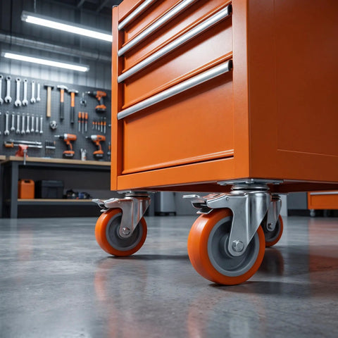 Close-up of 4pcs Inch M8 TPR Rolling Furniture Casters with Brake Orange on a tool cabinet, showcasing smooth swivel wheels.