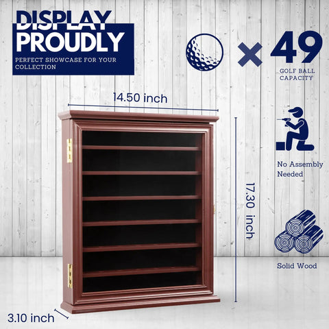 Solid Wood Golf Ball Display Case Cabinet Wall Mount With Lock And UV Protection, Cherry Finish, Holds 49 Balls, front view