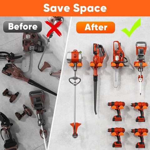 Heavy Duty Metal Weedeater Hanger Wall Mount For Garage Storage Two Pack Space Saving Weed Eater Holder Garden Tool Rack With Easy Install Holds Up To Twenty Five Pounds showing before and after tool organization.