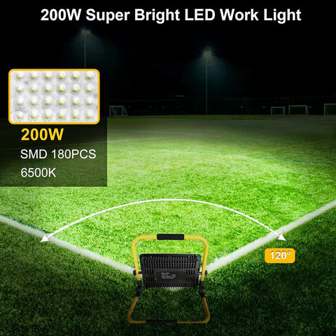 Top Tier Beast 200W LED Work Light Packing 20000 Lumens And 6500K Daylight Beam, bright flood lamp illuminating a field.