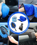 17 Piece All In One Car Interior Detailing Kit With Portable Handheld Vacuum Interior Cleaning Brushes Windshield Cleaner Dust Gel Towel Dash Duster And More The Ultimate Must Have Car Cleaning Supplies For Men And Women. Blue cleaning gel, microfiber towel, and dash brush for car interior cleaning.