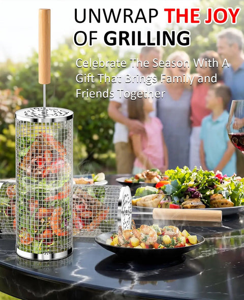 Rolling Grill Basket Set For Dad And Grill Masters, Removable Wooden Handle, 304 Stainless Steel Nesting BBQ Tools With Vegetables