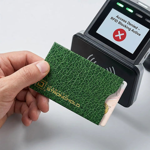Hand holding Slim RFID Blocking Card Sleeve Protectors For Credit Cards Debit Cards And ID Protection near card reader