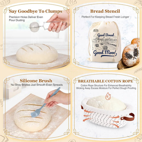 Ultimate Sourdough Starter Kit For Home Bakers with bread stencil, silicone brush, cotton rope, and flour sifter in use.
