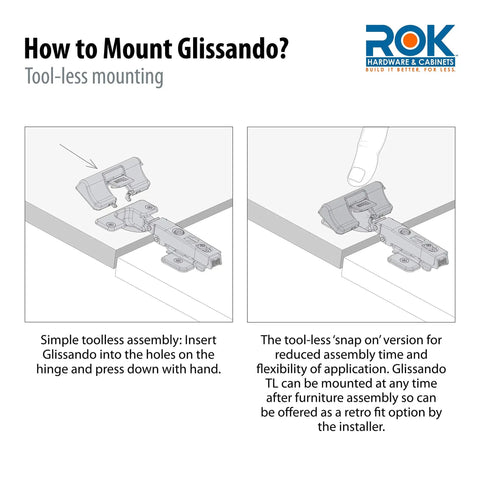 Smooth Operator Snap On Cabinet Hinge Damper Adapter For T Type Glissando Systems shown in tool-less mounting instructions.