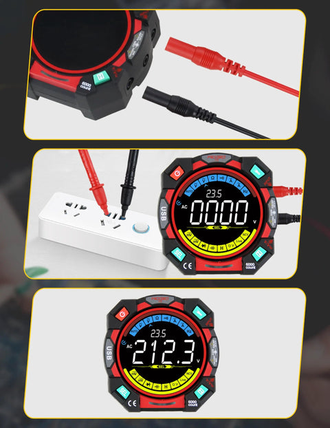 Go To Portable Digital Multimeter Tester with 6000 Counts VA Display and Auto Ranging showing connection and measurement.