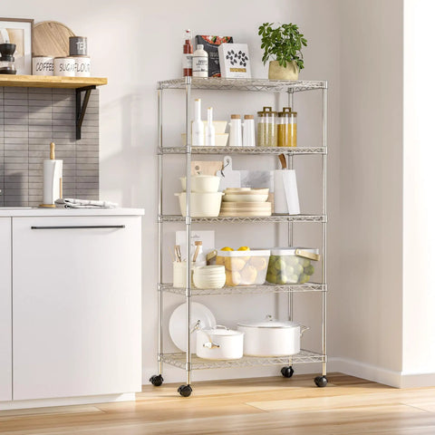 Five Tier Wire Shelving On Wheels With Adjustable Shelves In 1 Inch Increments And Leveling Feet, 30 In W X 14 In D, Chrome Plating, Plated Steel Storage Rack For Garage Or Kitchen Organization in a kitchen setting with various items on shelves.