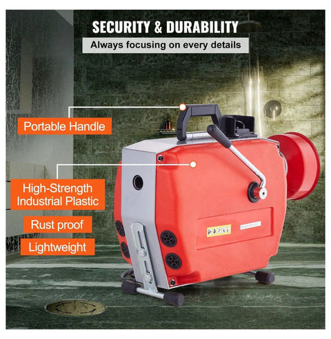 Heavy Duty Electric Drain Cleaner Machine With 120Ft Sewer Snake Auger And 420W Motor side view showing portable handle and industrial plastic.
