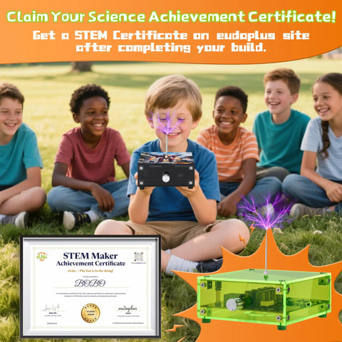 Tesla Coil Kit For Kids And Teens, clear acrylic STEM project with certificate, kids holding spark gadget outdoors